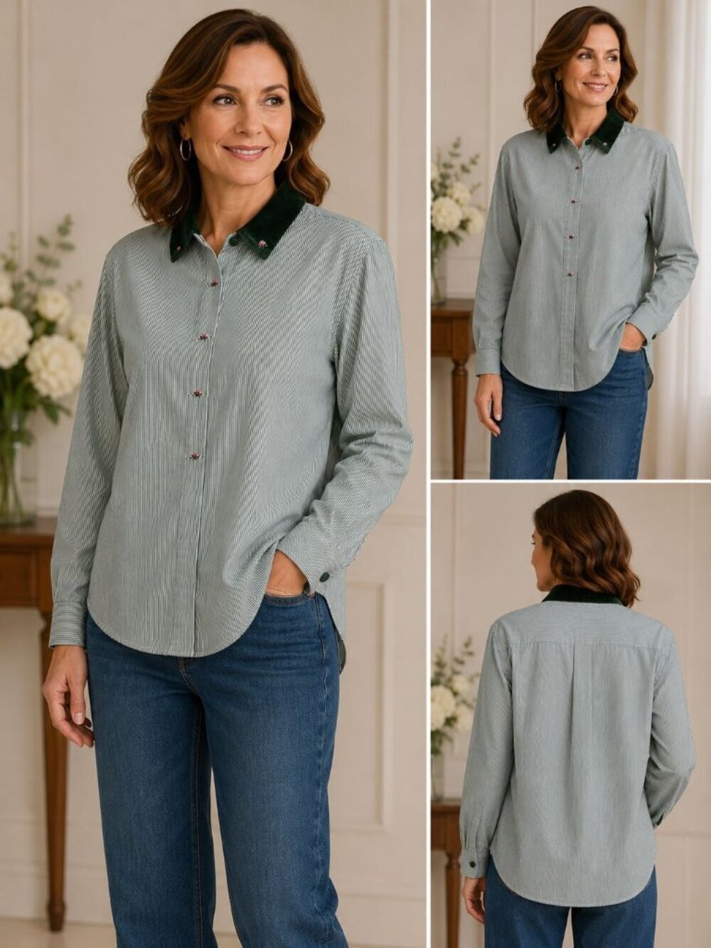 Antonelle Vtg Green Striped Shirt W/Velvet Collar & Embroidered Floral Large